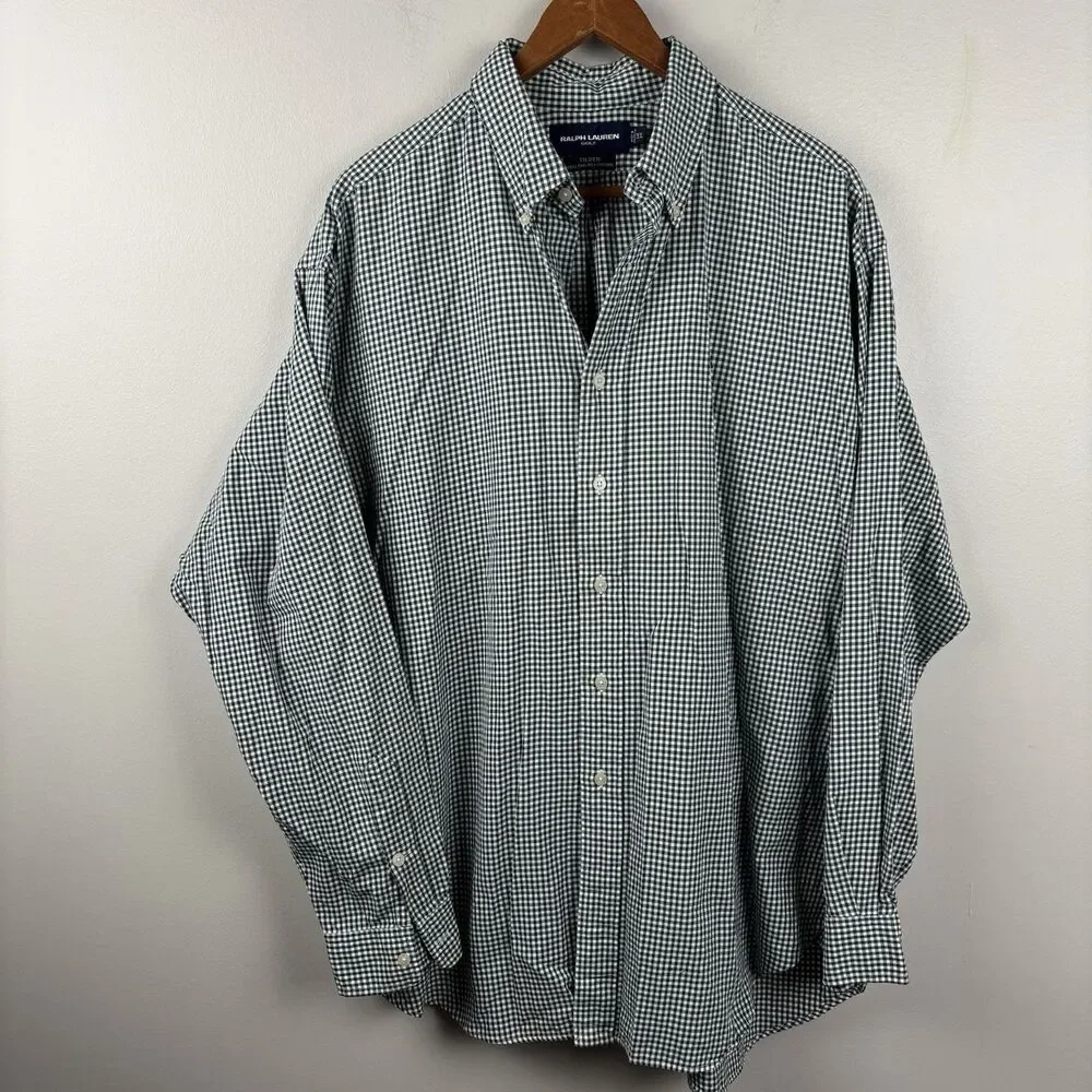 Ralph Lauren Golf Button Shirt Green Gingham Plaid Blue Pony Crest XL Tilden LS